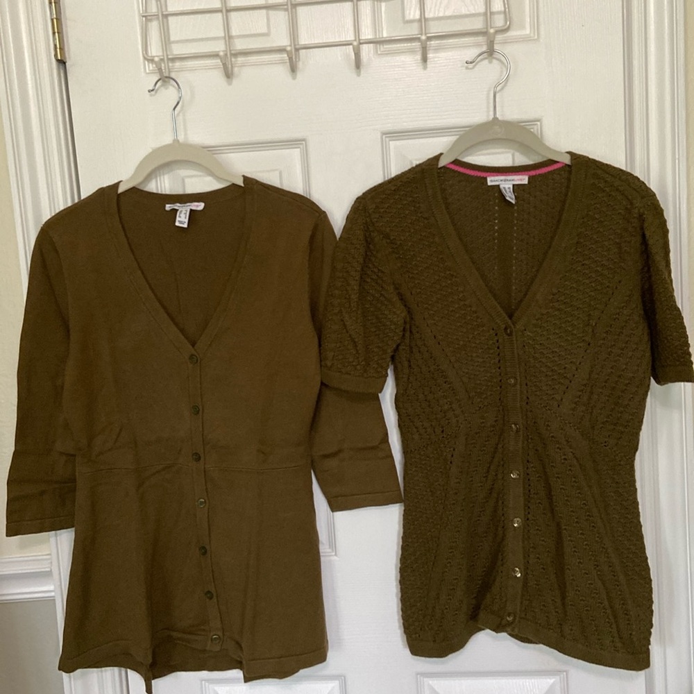 2 Isaac Mizrahi Olive Button Sweater Cardigan - Short Sleeve Open Weave, Peplum - Picture 1 of 14